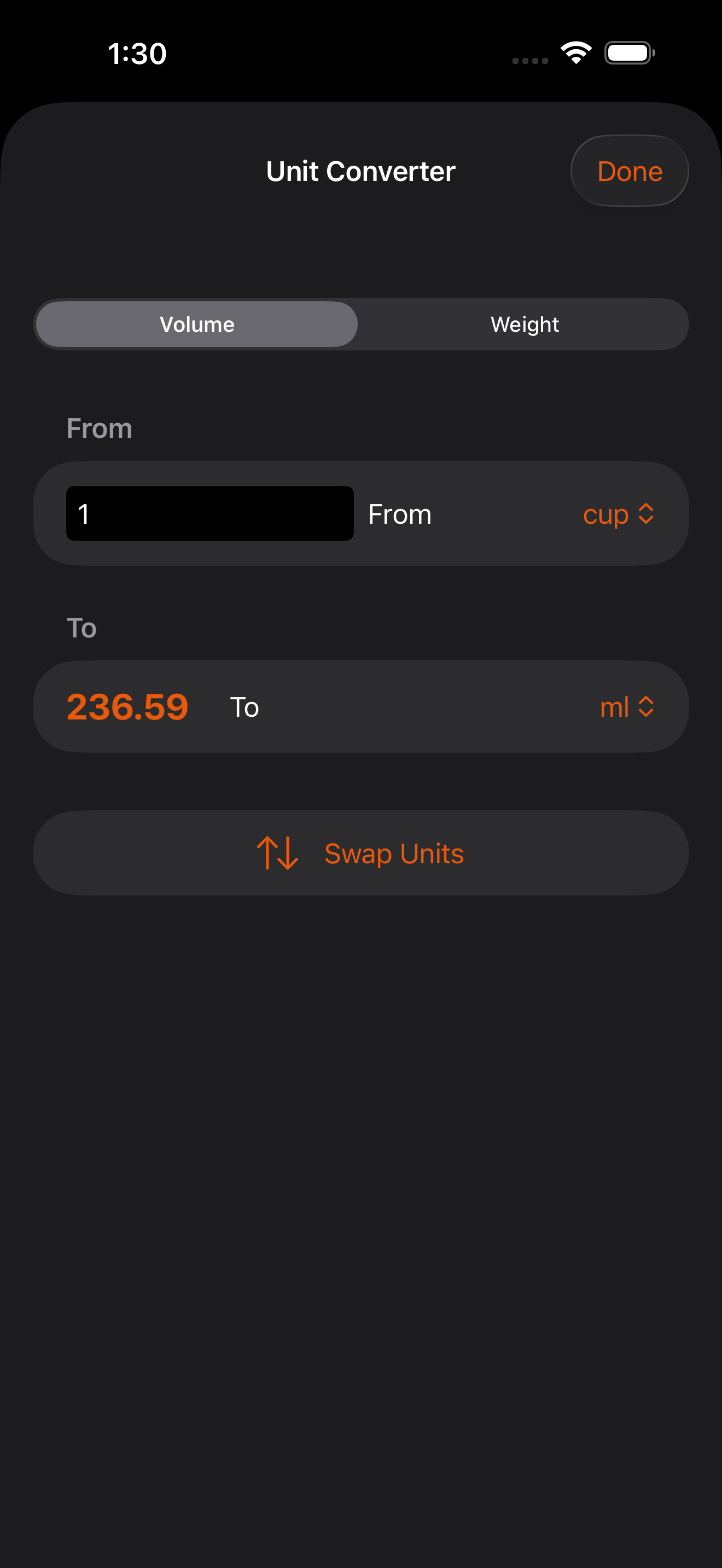 RecipeScaler's built-in cooking unit converter