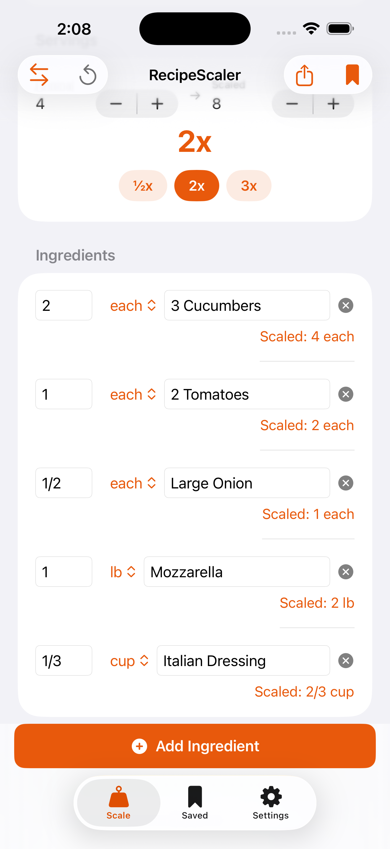 RecipeScaler scaling a cucumber salad recipe to double the servings
