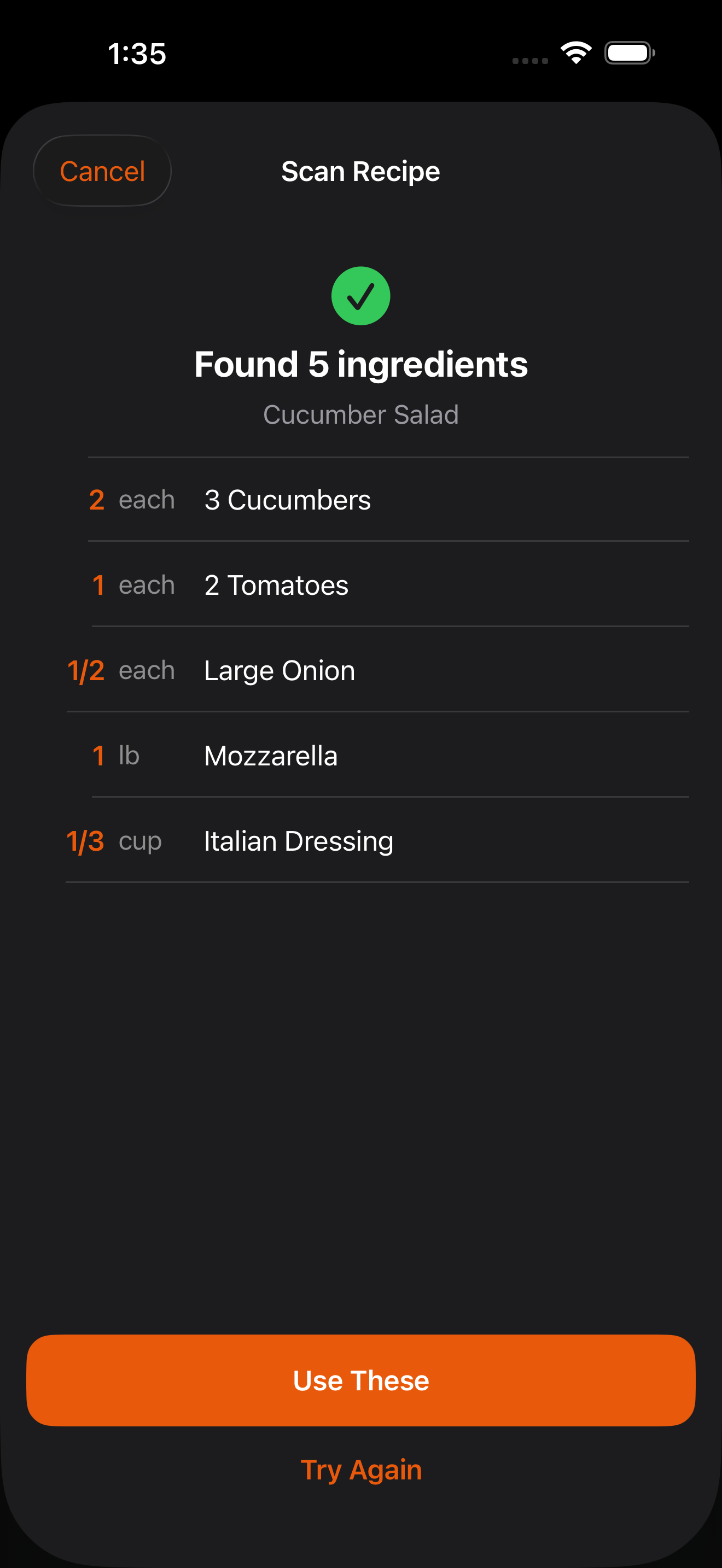 RecipeScaler showing five ingredients it found after scanning a recipe card